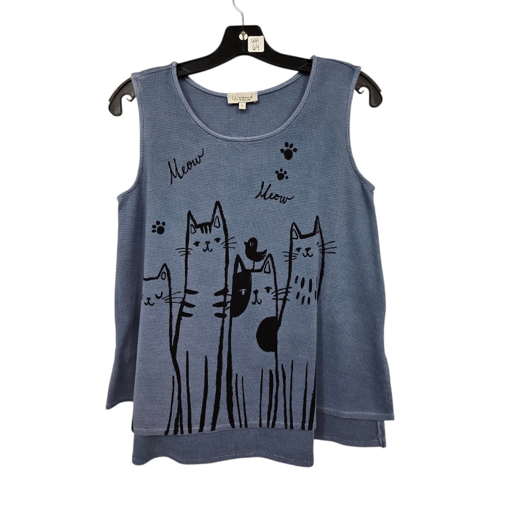 Jess & Jane NWT Katz Tank Top Cats Meow Womens Medium Blue Waffle Knit WK12-1998